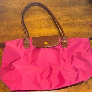 Longchamp Fuchsia Tote with Brown Trim